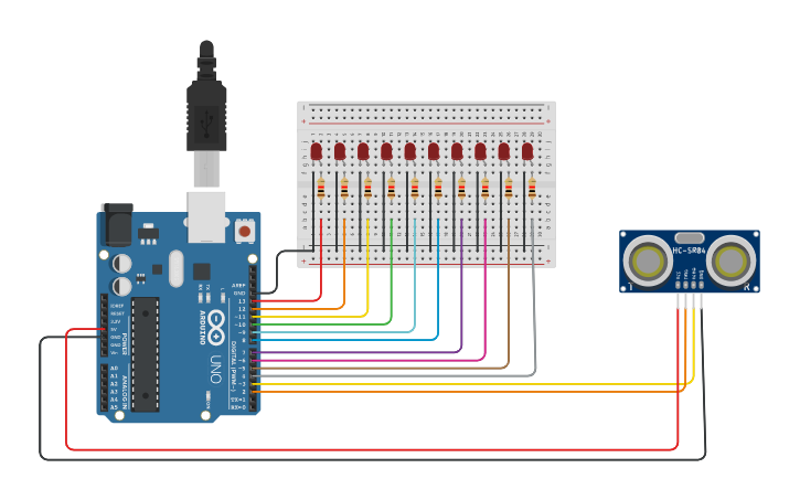 Circuit Design Ultrasonic Sensor And Led Tinkercad