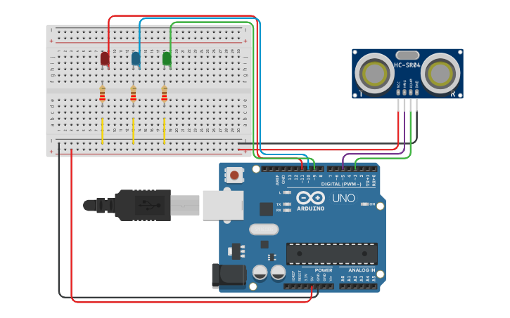 Circuit design Sensor ultrasonido con leds - Tinkercad