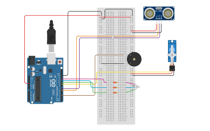 Circuit Design Arduino Ultrasonic Sensor Buzzer Servomotor Led Rgb Tinkercad