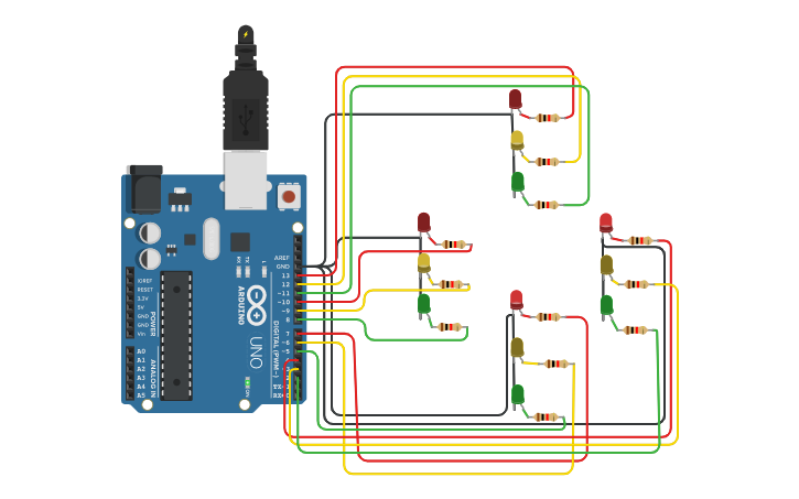 Circuit design Traffic light controlling system - Tinkercad
