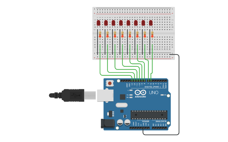 Circuit design 07. F. 8 led ile kara şimşek uygulaması - Tinkercad