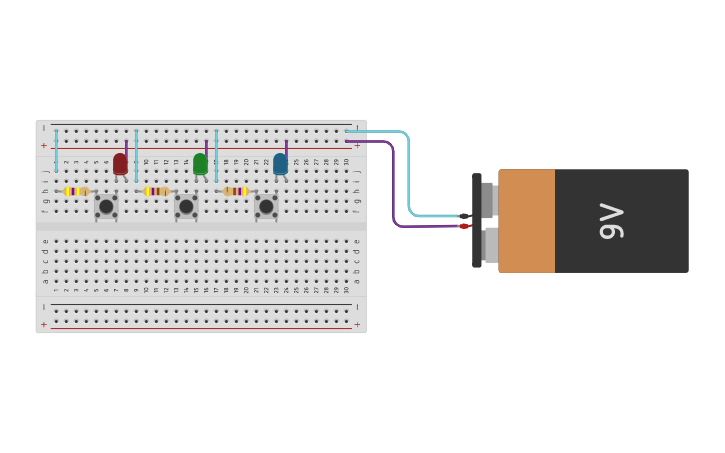 Circuit design CIRCUITO 3 LEDS Y PULSADORES | Tinkercad