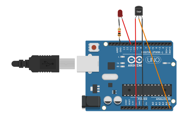 Circuit design controlling led usind temperature sensor - Tinkercad