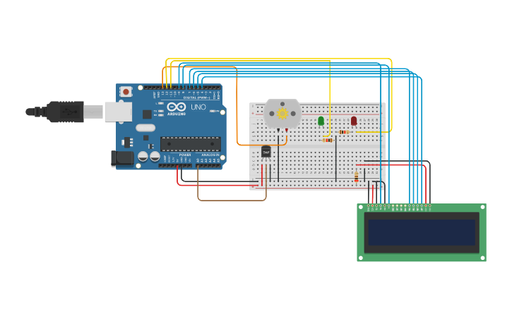 Circuit design Sensor de Temperatura, motor y pantalla LED - Tinkercad