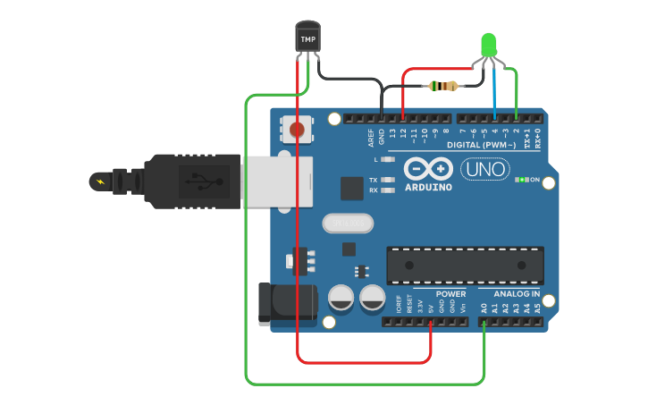 Circuit design ARDUINO TEMPERATURE SENSOR AND LED RGB - Tinkercad
