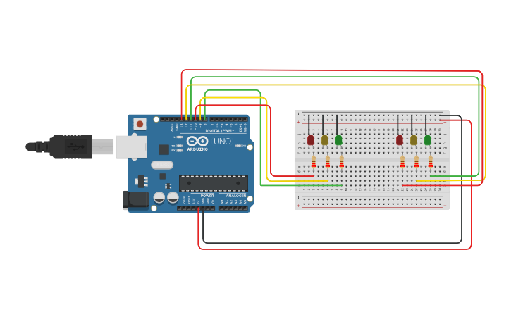 Circuit design Arduino two way traffic light - Tinkercad