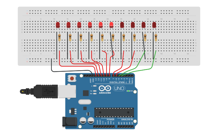 Circuit design Questão 3 - Sequência de LED - Tinkercad