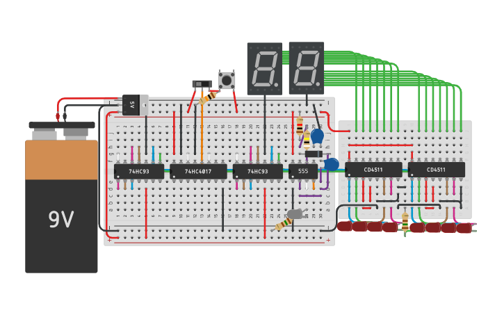 Circuit design ten decimal counter 4 bit - Tinkercad