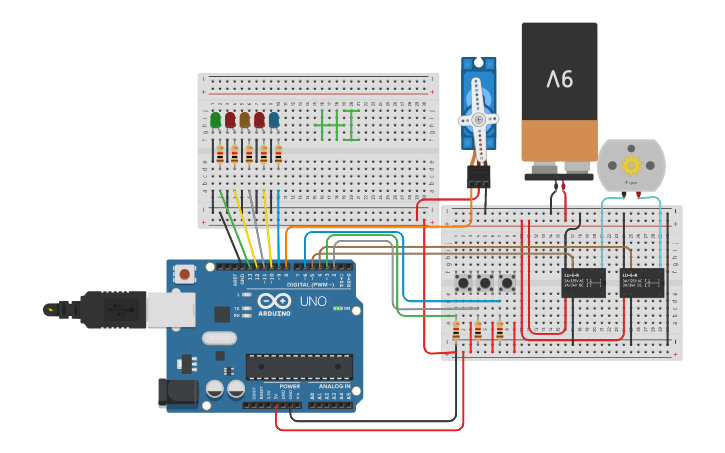 Circuit design diseño servo y Puente H leds - Tinkercad