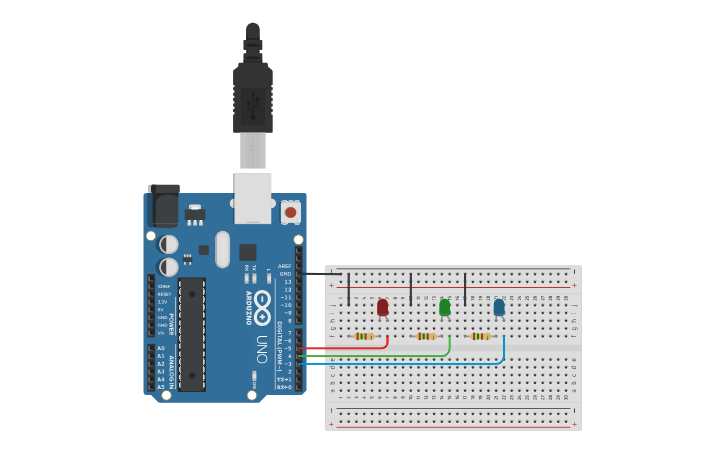 Circuit design Arduino with 3 led and 3 switch - Tinkercad