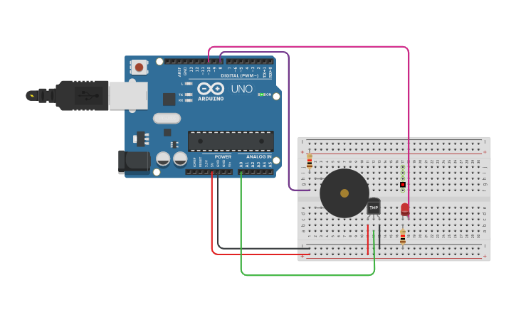 Circuit design LM35 SENSOR DE TEMPERATURA CON BUZZER Y LED - Tinkercad