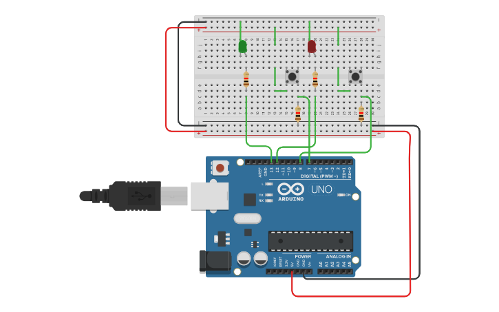 Circuit design dos pulsadores-dos led | Tinkercad
