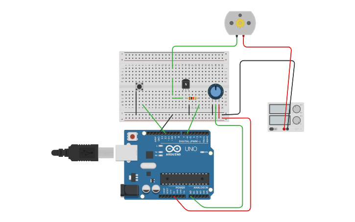 Circuit design DC motor with potentiometer and pull up button - Tinkercad
