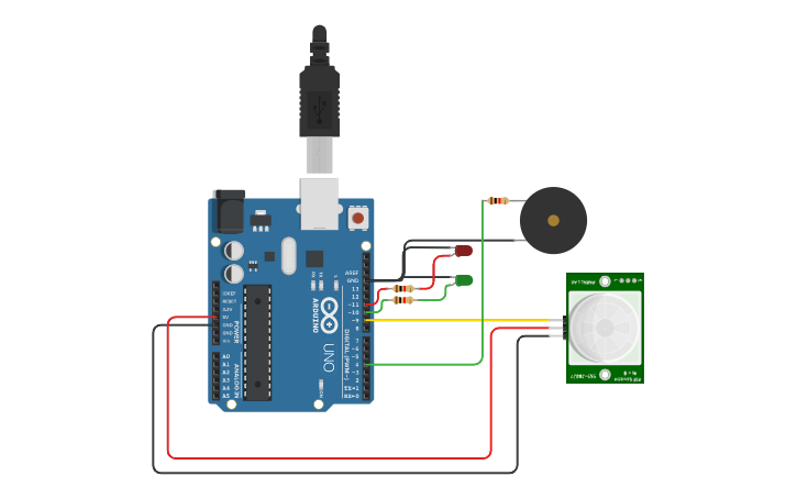 Circuit design Motion Sensor + LED + Sound - Tinkercad