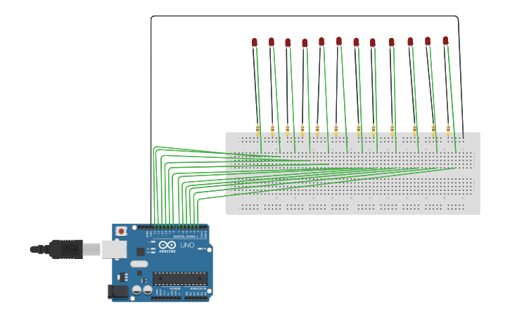 Circuit design sequential blinking of 12 LEDs using Arduino - Tinkercad