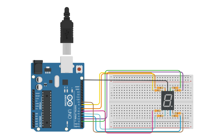 Circuit design seven segment activity 0-9 and 9-0 - Tinkercad