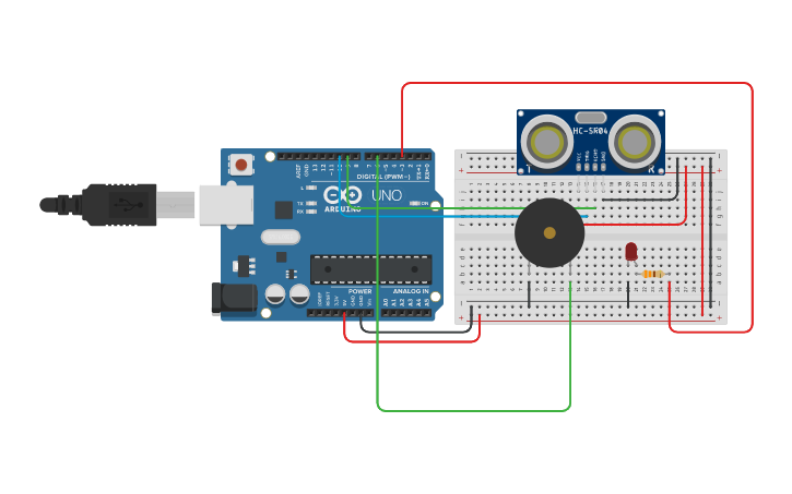 Circuit design Ejer 1: SENSOR ULTRASONIDO CON LED Y BUZZER ANALÓGICOS ...