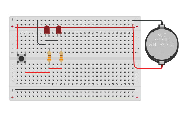 Circuit design Ligar 2 LEDs com botão | Tinkercad