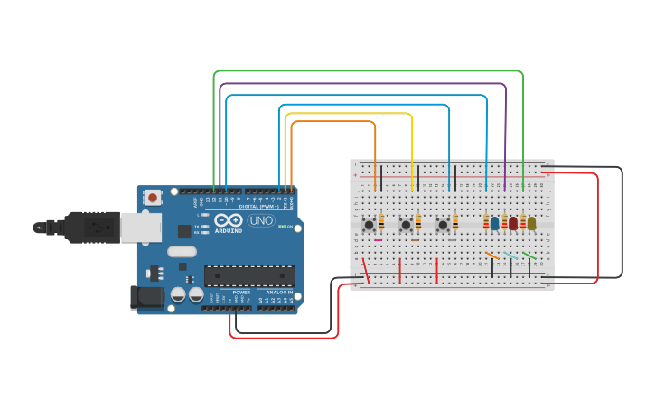 Circuit design 3-led with 3 push buttons- GARCIA - Tinkercad