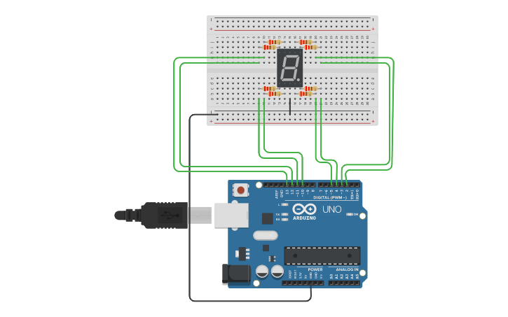 Circuit design 7-segment display | Tinkercad