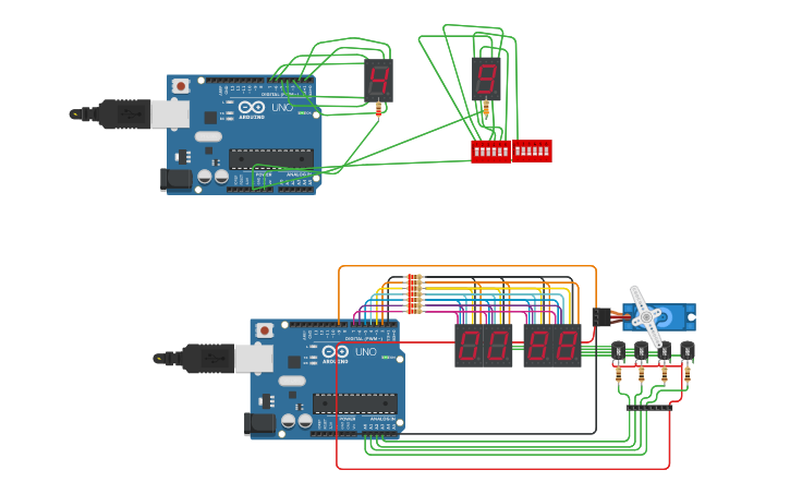 Circuit design 7 Segment LED Clock with Servo - Tinkercad