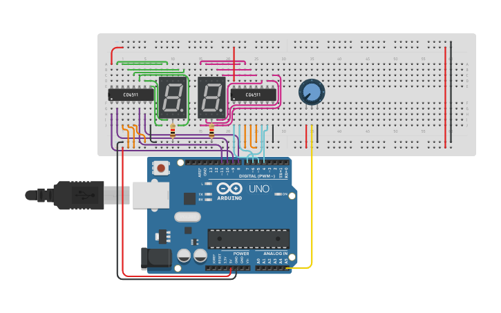 Circuit design Final Copy of 7 Segment Display + Potentiometer | Tinkercad