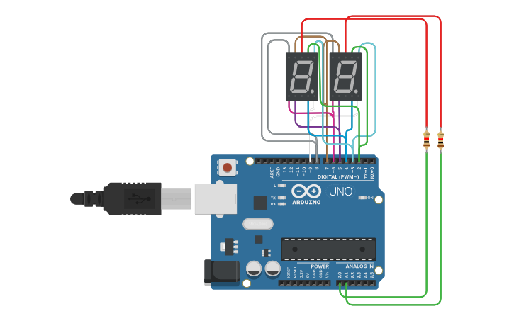 Circuit design 2 x 7 segmentowy wyświetlacz | Tinkercad