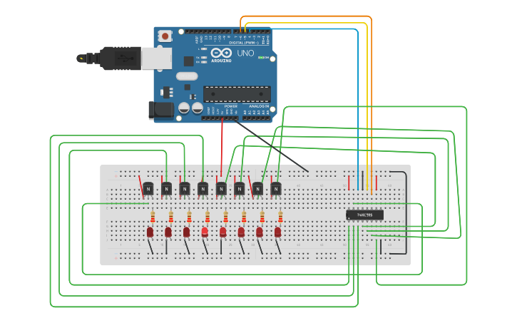 Register Microcontroller Colour Circuit design Microcontroller (shift register and 8 LEDS) CA1 - Tinkercad