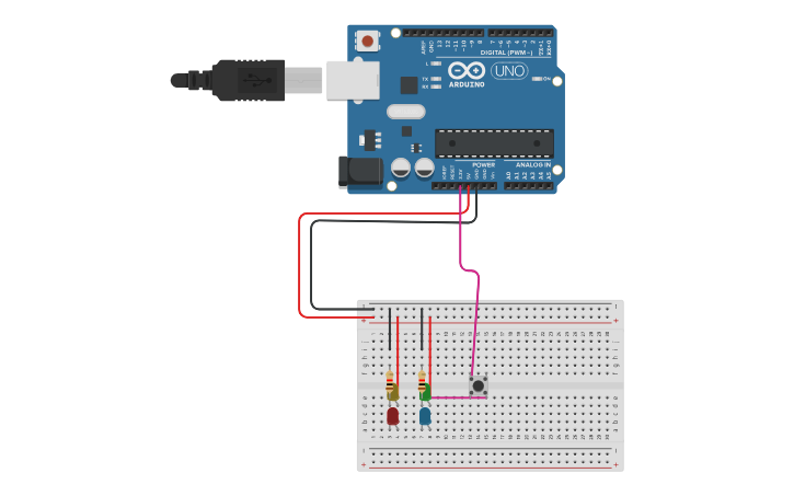 Circuit design 4 led y un boton - Tinkercad