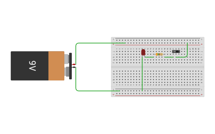 Circuit design circuito con pila de 9V, interuptor y LED | Tinkercad