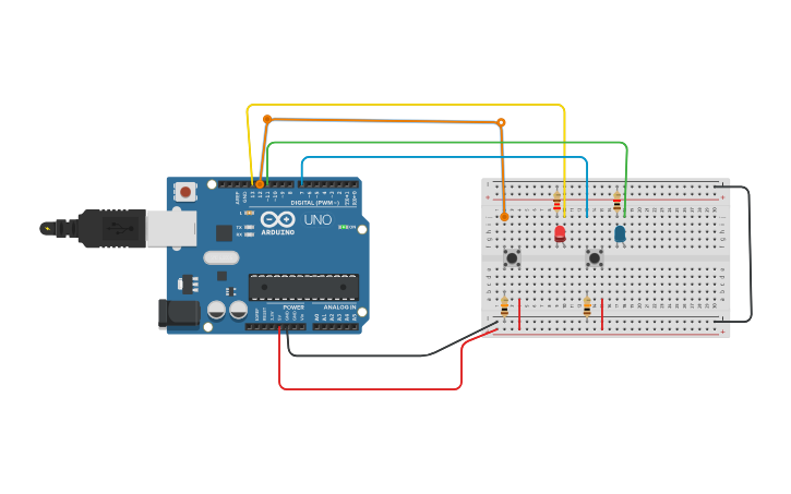 Circuit design dos pulsadores dos led | Tinkercad