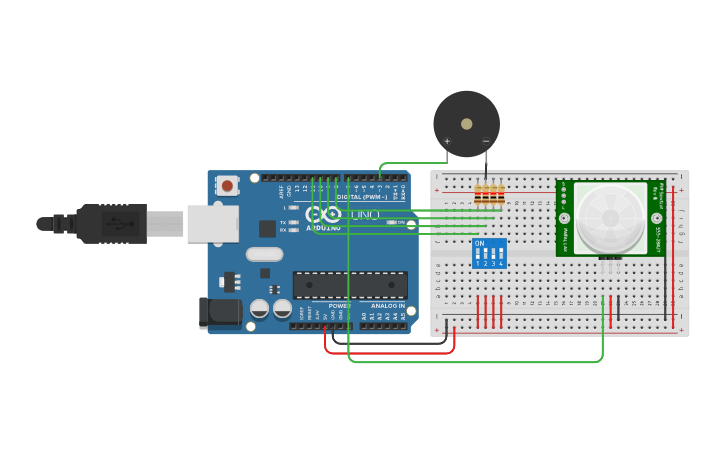 Circuit design Playing with Arduino: Using PIR Sensor + Piezo | Tinkercad