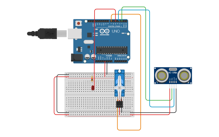 Circuit design Diseño de circuito Servomotor, led y sensor de distancia ...