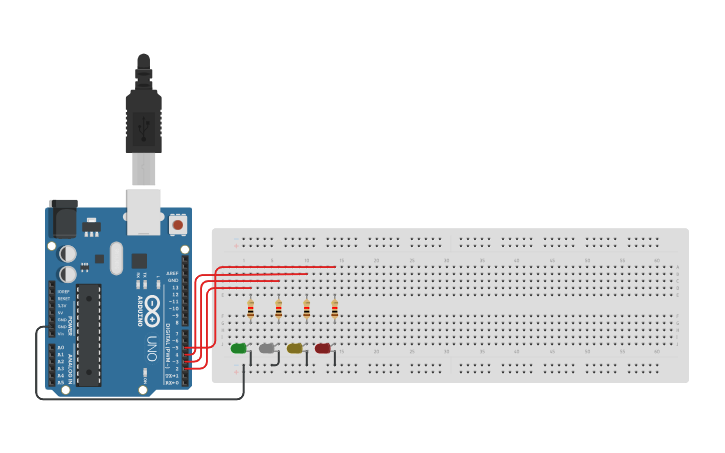 Circuit design Binario 4 leds - Tinkercad