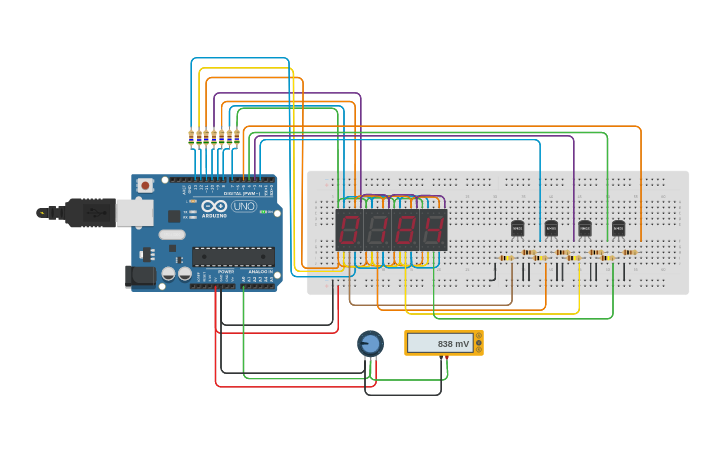 Circuit design 7 segments display scan - Tinkercad
