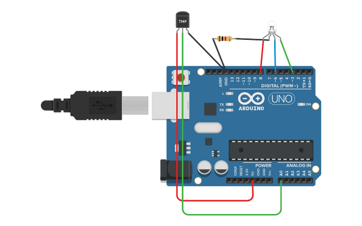 Circuit design Arduino Temp Sensor & LED RGB - Tinkercad
