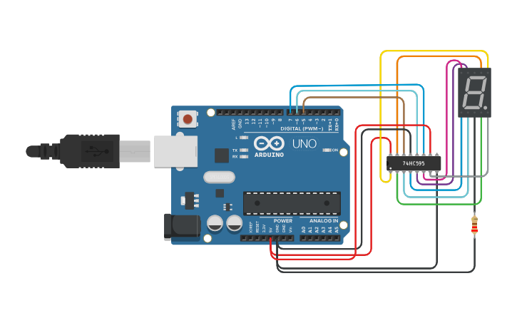 Circuit design 7 Segment 74HC595 - Common Cathode | Tinkercad