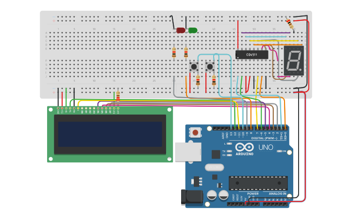 Circuit design contador de peças de 0 a 9 - Tinkercad