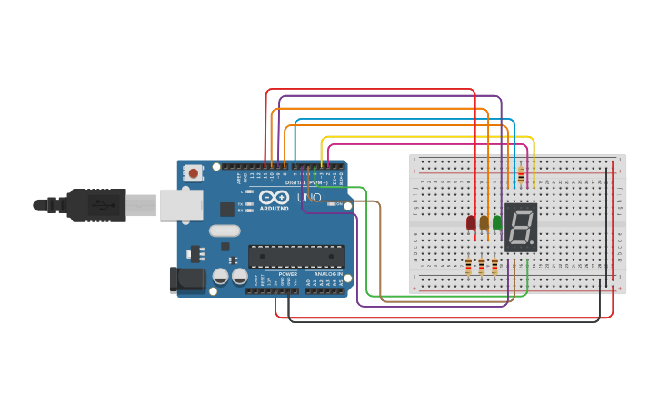 Circuit design 7 segment display circuit with traffic light - Tinkercad