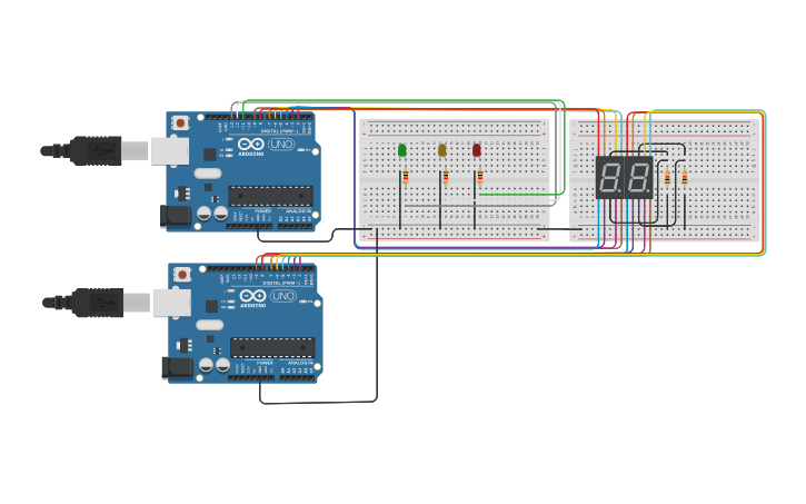 Circuit design Traffic Light with SSD and 2 Arduino - Tinkercad