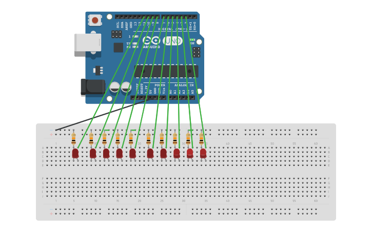 Circuit design Running LED's - Tinkercad