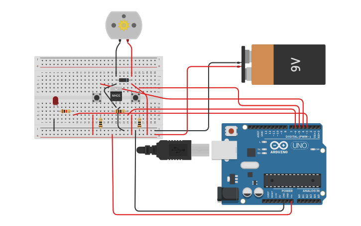 Circuit design DC motor with button - Tinkercad