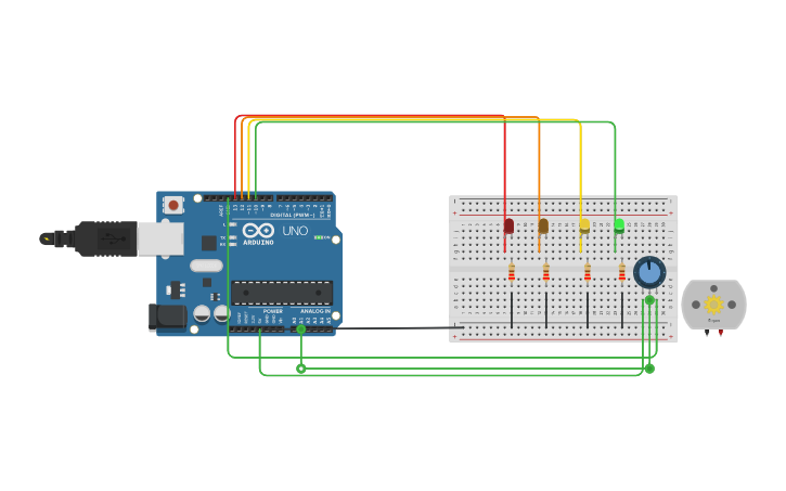 Circuit design practica 4 leds - Tinkercad