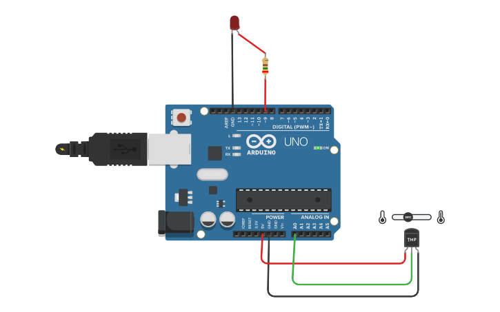 Circuit design Arduino Temperature Sensor with LED Blink - Tinkercad