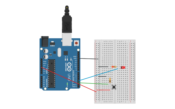 Circuit design Práctica 2 led con pulsador | Tinkercad