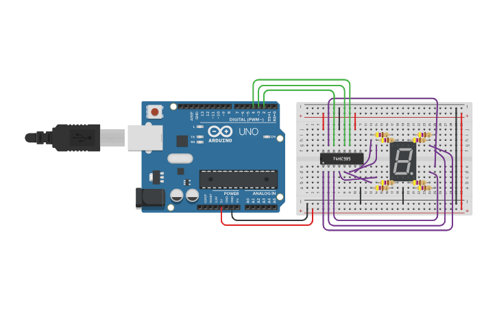 共陰7段顯示器 使用1顆74hc595控制7段顯示器 Tinkercad