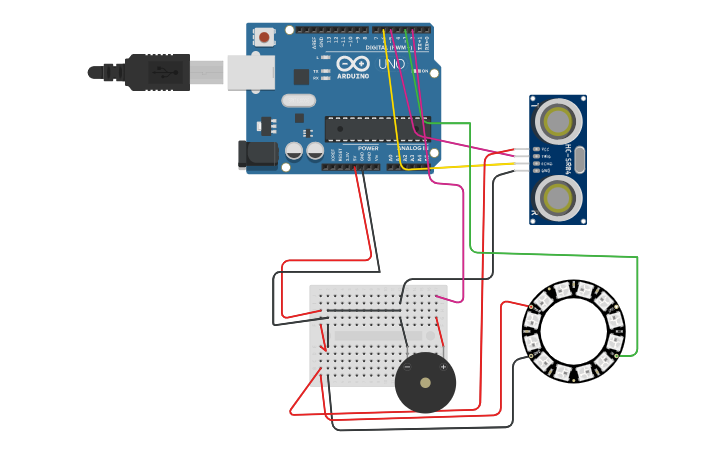 Circuit design IOT BASED SOCIAL DISTANCING AND ALARMING SYSTEM - Tinkercad