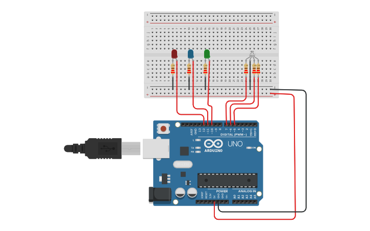 Circuit design Mezcla de colores en LED RGB | Tinkercad