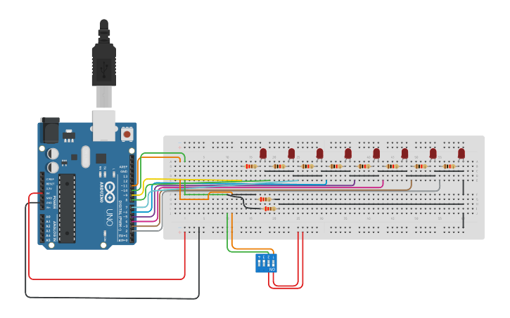 Circuit design Actividad en clase ARDUINO_LEDs- SECUENCIA C++ - Tinkercad