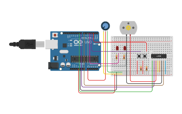 Circuit design Potentiometer and DC Motor - Tinkercad